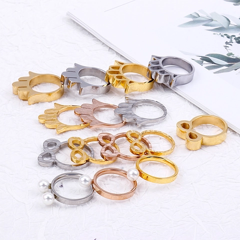 Stainless Steel Ring For Women Creative Hamsa Hand Infinity Crown Shape Hammered Texture Artificial Pearl Inlay Minimalist Fashion