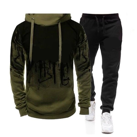 Men Casual Ink Print Hoodie Pants Set Polyester Gradient Drawstring Hooded Sweatshirt Jogger Suit Outfit Streetwear