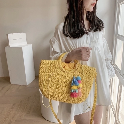 Women Straw Woven Shoulder Bag Summer Beach Handbag Bohemian Tassel Pom Pom Decor Drawstring Closure Vacation Style