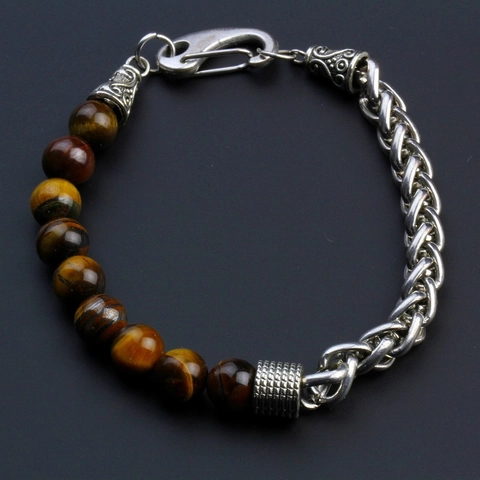Handmade Men Natural Stone Beaded Bracelet Titanium Steel Wheat Chain Punk Splicing Bracelet Minimalist Jewelry Gift For Unisex