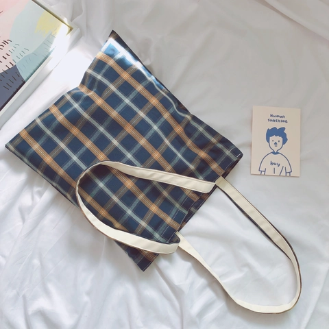 Minimalist Plaid Cotton Canvas Tote Bag Large Capacity Literary Style Shoulder Handbag For Women Students Casual Travel
