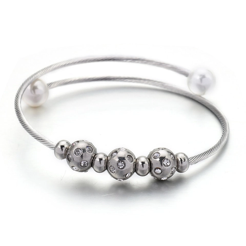 Roestvrijstalen Manchetarmband Voor Dames Met Schelpparel En Zirkonia Pavé Ballen Gedraaide Kabel Open Armband Sieraden