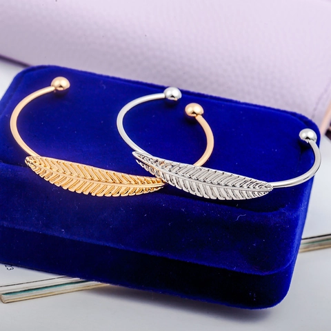 Fashion Alloy Leaf Open Adjustable Bangle Feather Design Bangle Bracelet Gold Silver Rose Gold Boho Jewelry For Women