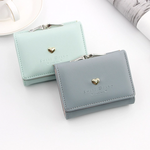 Women Short Tri-fold Wallet PU Leather Sweet Heart Decor Kiss Lock Coin Purse Card Holder Korean Style Girls