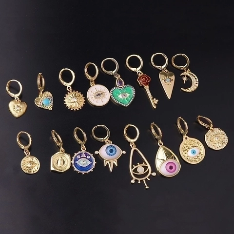 Mode Creolen Ohrringe Kupfer Emaille Zirkonia Böser Blick Stern Mond Herz Religiöser Stil Für Damen Persönlichkeit Schmuck