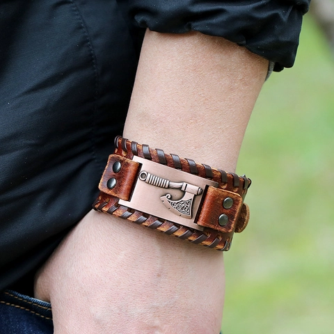 Bracelet Large En Cuir Pour Hommes Hache Viking Tressée Style Punk Nordique Boucle Réglable Bracelet En Cuir De Vache Bijoux Rétro