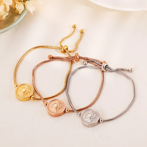 Pulsera De Medallón De Moneda De Cabeza Romana Acero Inoxidable 316L Cadena De Serpiente Bolo Ajustable Joyería Elegante