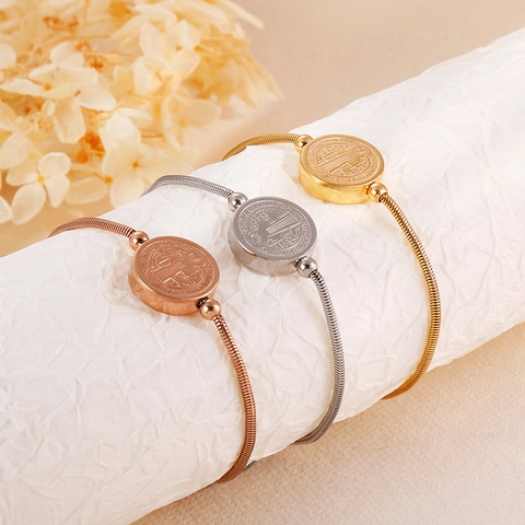 St Benedict Medal Bracelet Stainless Steel Adjustable Snake Chain Bolo Clasp Religious Jewelry