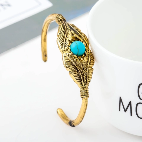 Retro Veer Blad Manchet Armband Legering Turquoise Inleg Boheemse Stijl Voor Vrouwen Verstelbare Open Bangle