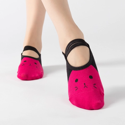 Non-Slip Yoga Socks For Women Cotton Blend Pilates Ballet Socks With Cute Cat Pattern And Cross Straps Sport Fitness Socks