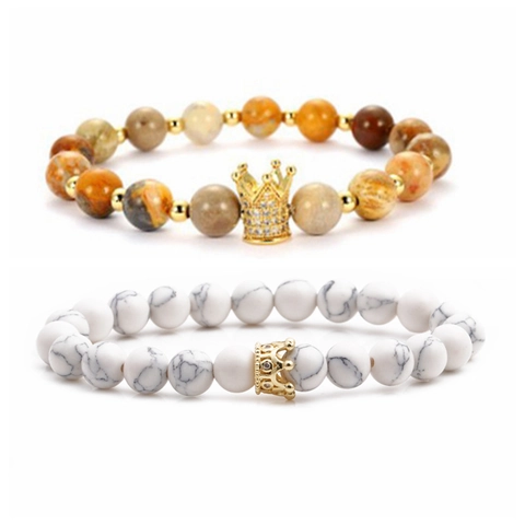 Kroon Kralen Armband Tijgeroog Mat Onyx Wit Turkoois Lavasteen Koper Zirkoon Koppel Mode Sieraden
