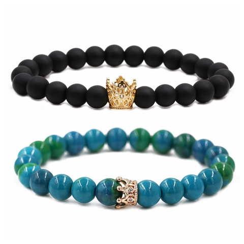 Bracelet En Perles De Pierre Naturelle Avec Pendentif Couronne En Cuivre Zircon Incrusté Élastique Bijoux Couple Pour Femmes Hommes