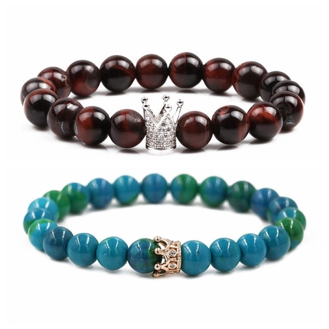 Bracelet Perles Couronne Pierre Phénix Oeil De Tigre Cuivre Micro Inlay Zircon Élastique Ethnique Rétro Bijoux Pour Couples