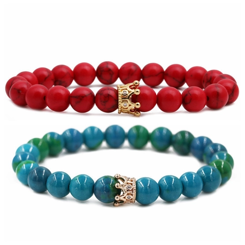 Natural Stone Beaded Bracelet With Copper Micro Pave Zirconia Crown Charm Elastic Stretch Jewelry Fashion Accessory