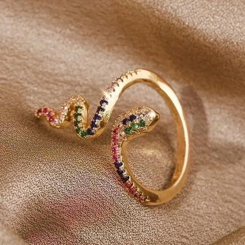 Snake Open Ring Copper Gold Plated Multi Color Cubic Zirconia Adjustable Animal Jewelry For Women Trendy
