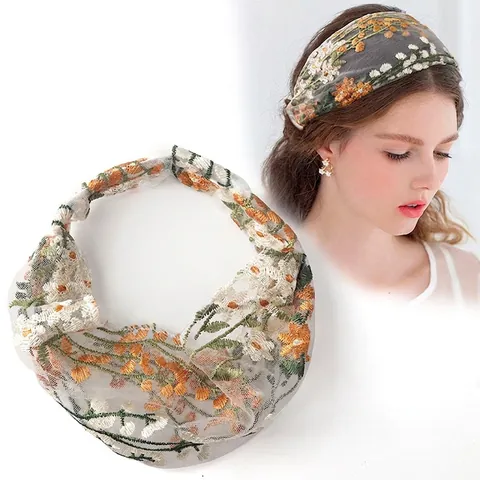 Floral Besticktes Stirnband Netzstoff Breite Elastische Spitze Haarband Vintage Elegante Kopfbedeckung Damen