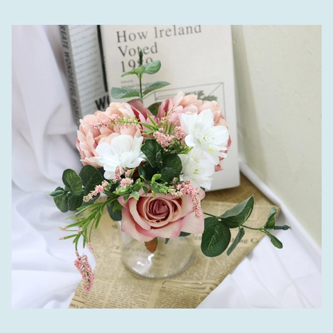 Artificial Peony Rose Bouquet Satin And Plastic Flowers With Eucalyptus Leaves For Wedding Bride Home Decor