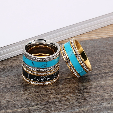 Breiter Ring Aus Edelstahl Mit Türkis Marmor Textur Und Strass Zirkon Mode Schmuck Für Damen