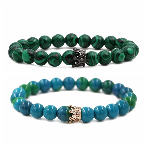 Pulsera De Cuentas De Piedra Natural Malaquita Piedra Fénix Aleación Circonita Corona Encanto Joyería Moda Pareja Elástico