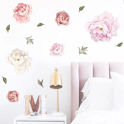 Watercolor Peony Flower Wall Stickers Removable PVC Floral Wall Decals For Bedroom Living Room Home Decor