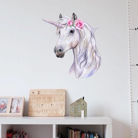Pegatina Pared Unicornio Acuarela PVC Autoadhesiva Flor Rosa Calcomanía Dormitorio Niños Decoración Del Hogar