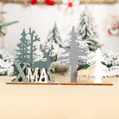Wooden Christmas Tree Reindeer Desktop Ornaments DIY Xmas Tabletop Decorations Festive Atmosphere Hand-painted Minimalist