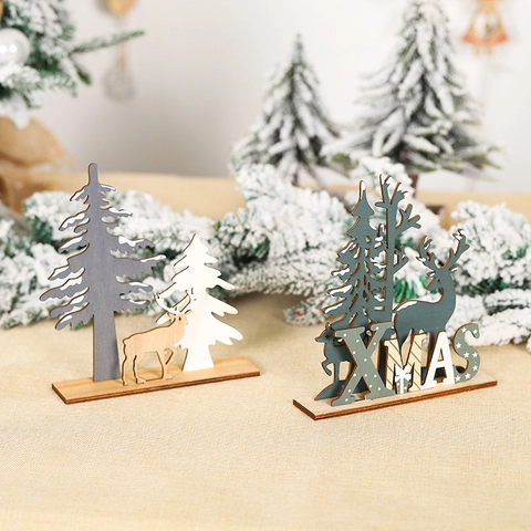 Wooden Christmas Tree Reindeer Desktop Ornaments DIY Xmas Tabletop Decorations Festive Atmosphere Hand-painted Minimalist