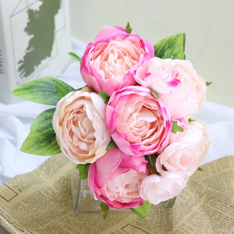 Künstlicher Ranunkel Satinnblumen Brautstrauß Rosa Weißer Verlauf Lebensechte Hochzeit Haus Dekoration Vase Arrangement Romantisch