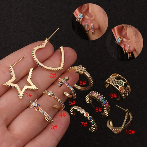 Orecchini A Bottone Per Cartilagine Bohemien Zirconia Cubica Colorata Intarsiata Rame Stella Cuore Croce Gioielli