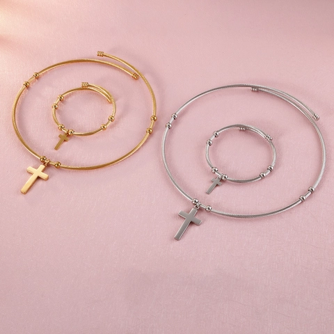 Collana E Bracciale In Acciaio Inossidabile Con Ciondolo A Croce Gioielli In Fune Metallica Intrecciata Polsino Aperto Donne