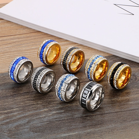 Roestvrijstalen Ring 18K Verguld Zirkonia 3 Rijen Micro Pave Brede Band Geometrische Mode Sieraden Voor Dames Heren