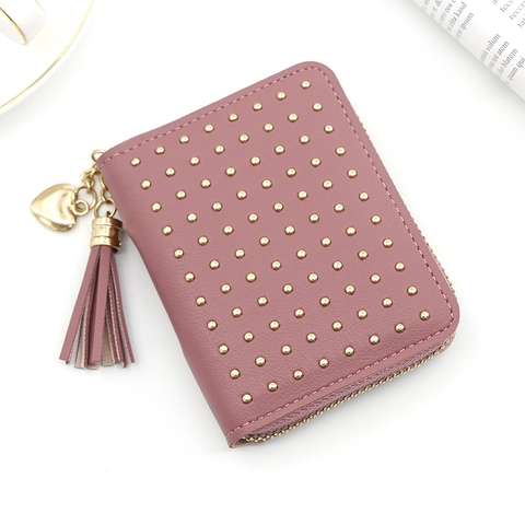 Petit Portefeuille Femme Cuir PU Rivet Frange Coeur Fermeture Éclair Porte-Monnaie Mode Élégant