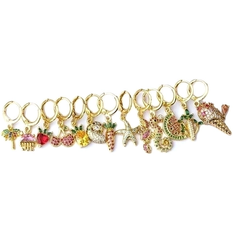 Colorful Zircon Huggie Earrings Tropical Fruit Sea Animal Charms Copper Gold Plated Summer Boho Jewelry