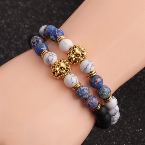 Lion Head Beaded Bracelet For Men Natural Stone White Turquoise Imperial Stone Matte Black Beads Elastic Boho Style