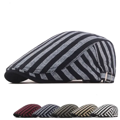 Striped Cotton Flat Cap Retro British Style Beret Breathable Adjustable Metal Buckle Vintage Newsboy Hat