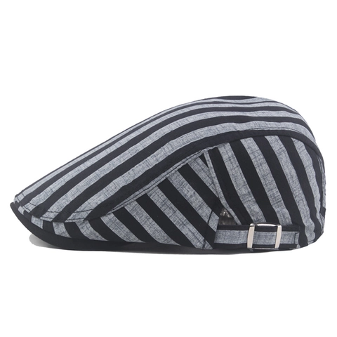Striped Cotton Flat Cap Retro British Style Beret Breathable Adjustable Metal Buckle Vintage Newsboy Hat
