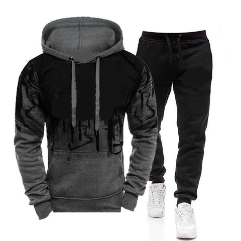 Men Casual Ink Print Hoodie Pants Set Polyester Gradient Drawstring Hooded Sweatshirt Jogger Suit Outfit Streetwear