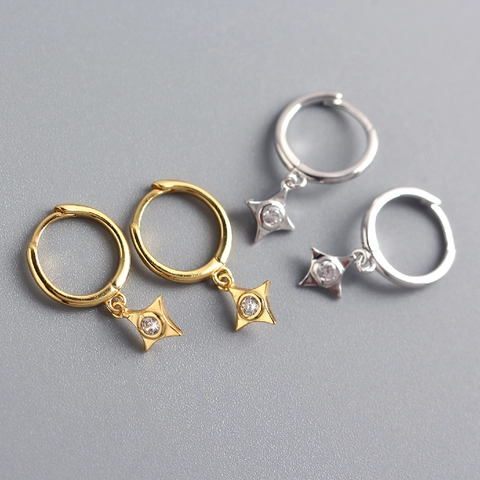Boucles D'oreilles Créoles En Argent Sterling 925 Avec Pendentif Étoile À Quatre Branches Et Zircone Pour Femmes Style Ins
