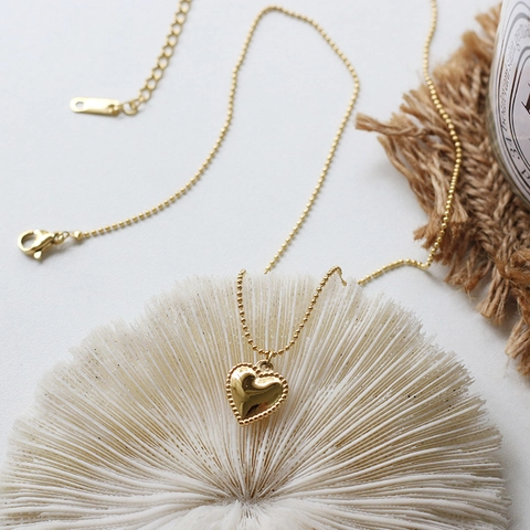 Herz Anhänger Halskette 18K Vergoldet Titanstahl Perlenrand Kugelkette Minimalistisch Retro Schmuck Für Damen