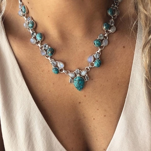 Bohemien Türkis Blume Anhänger Halskette Versilbert Legierung Kette Vintage Ethno Strass Statement Schmuck Für Damen