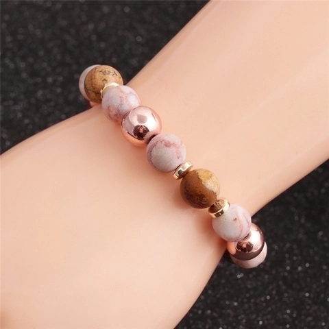 Natural Stone Beaded Bracelet With Rose Gold Alloy Spacers Pink Zebra White Howlite Elastic Bohemian Jewelry Men