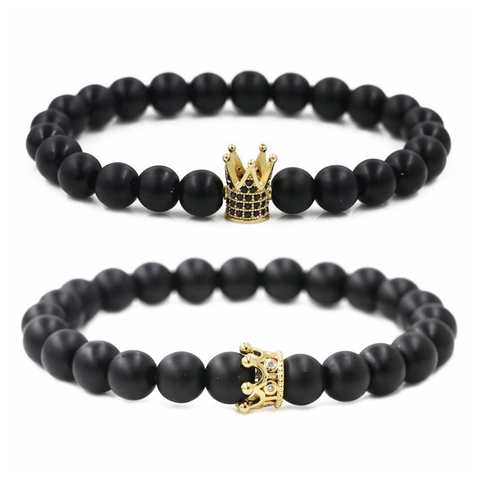 Hot Sale Matte Black Stone Micro Inlaid Zircon Crown Couple Bracelet Copper Beads Bracelet