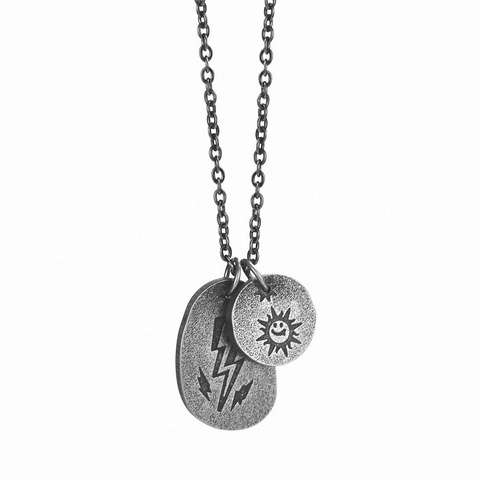 Hip Hop Anhänger Halskette Edelstahl Doppelanhänger Lächelnde Sonne Blitz Streetwear Schmuck Für Herren Damen
