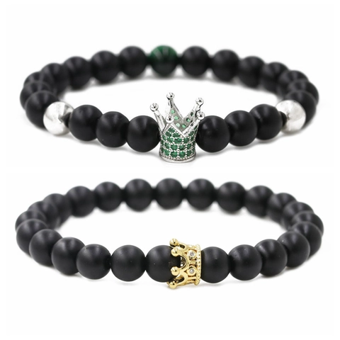 Bracelet Perles Pierre Noire Mate Couronne Micro Zircon Perles Cuivre Élastique Bijoux Mode Couple