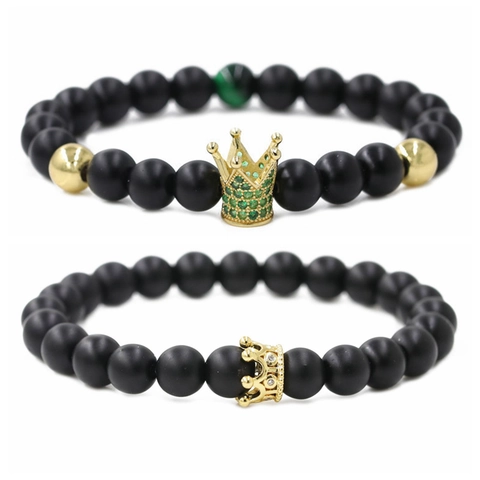 Bracelet Perles Pierre Noire Mate Couronne Micro Zircon Perles Cuivre Élastique Bijoux Mode Couple