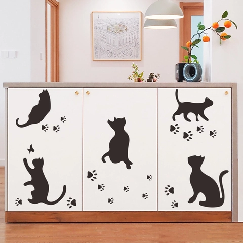 Stickers Muraux Silhouette Chat Noir Empreintes De Pattes Papillon Décalcomanies PVC Pour Décoration De Chambre Salon