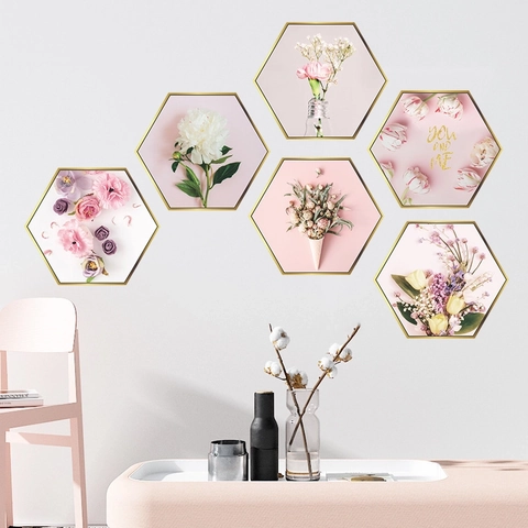 Pink Floral Hexagonal Wall Stickers PVC Botanical Pattern Decals For Bedroom Living Room Home Wall Decor Modern Nordic Style