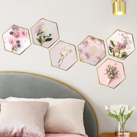 Pink Floral Hexagonal Wall Stickers PVC Botanical Pattern Decals For Bedroom Living Room Home Wall Decor Modern Nordic Style