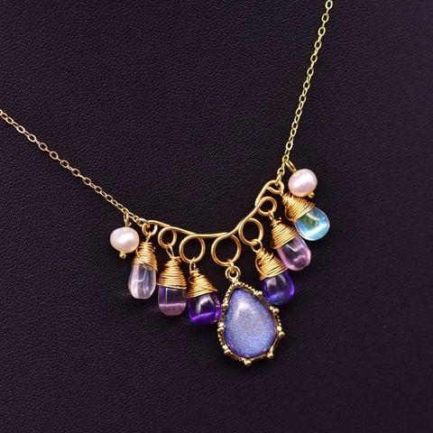 Collar Perlas de Agua Dulce De Agua Dulce Y Cristales Coloridos Con Cadena De Plata De Ley 925 Bañada En Oro Vintage Hecho A Mano Cobre