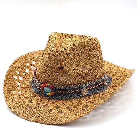 Bohemian Western Cowboy Straw Hat For Women Woven Sun Hat With Turquoise Beads Tassels Large Brim Beach Travel